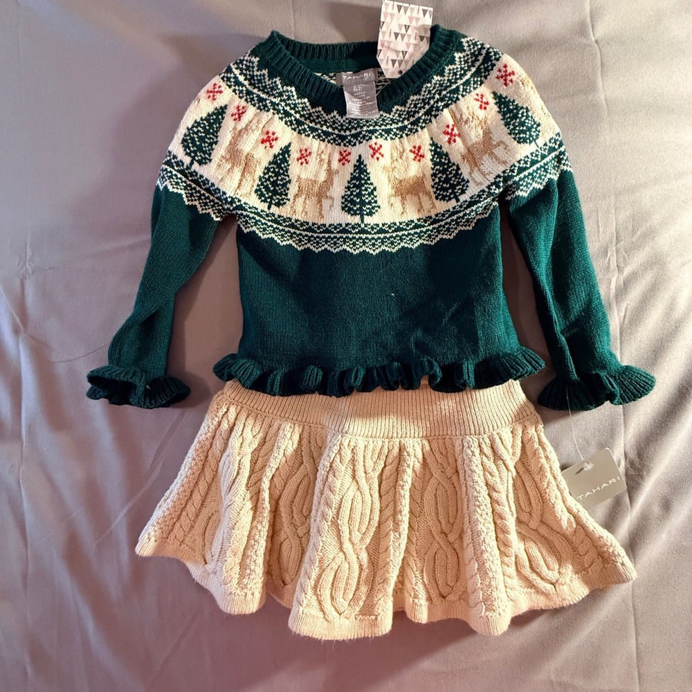 Tahari Girls Holiday Sweater Dress Set Green Christmas Reindeer Tree 24M NWT‎